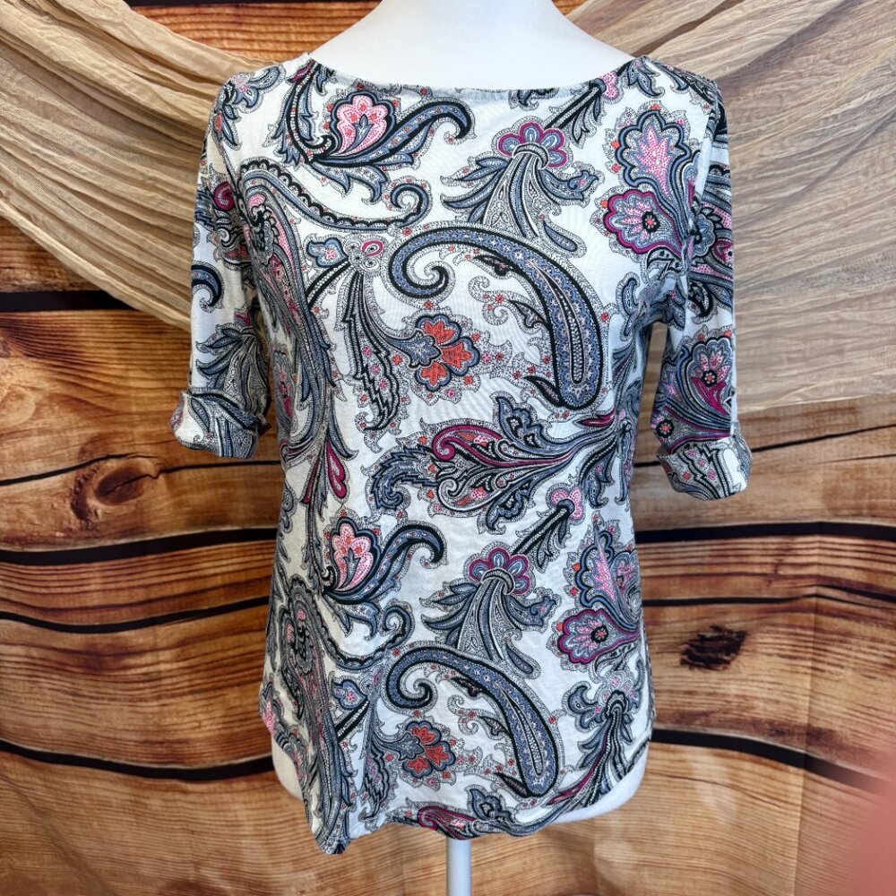 Ann Taylor Womens 1/4 Rolled Sleeve Paisley Lightweight Cotton Top‎ Size S
